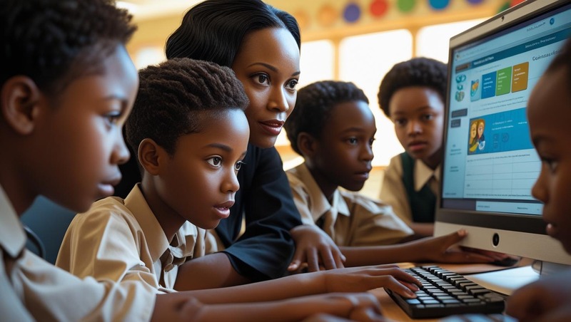 Computer session with teacher and students